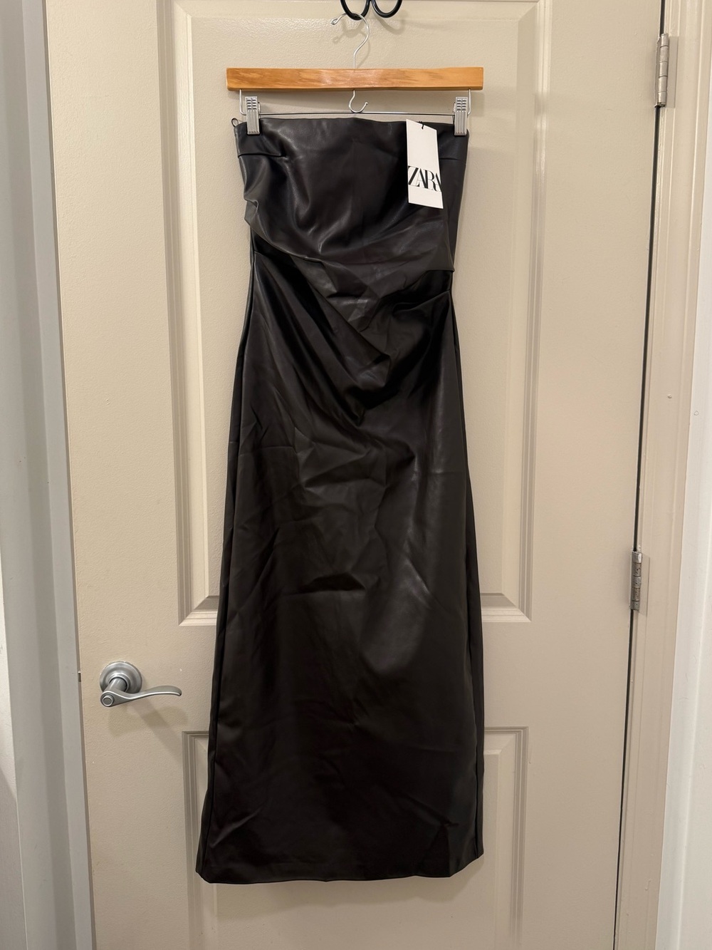 ZARA Brown Strapless Faux Leather Dress With Back Slit